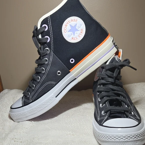 Converse Black High Top Sneakers with Cream, Orange & Purple Trim - Picture 7 of 14
